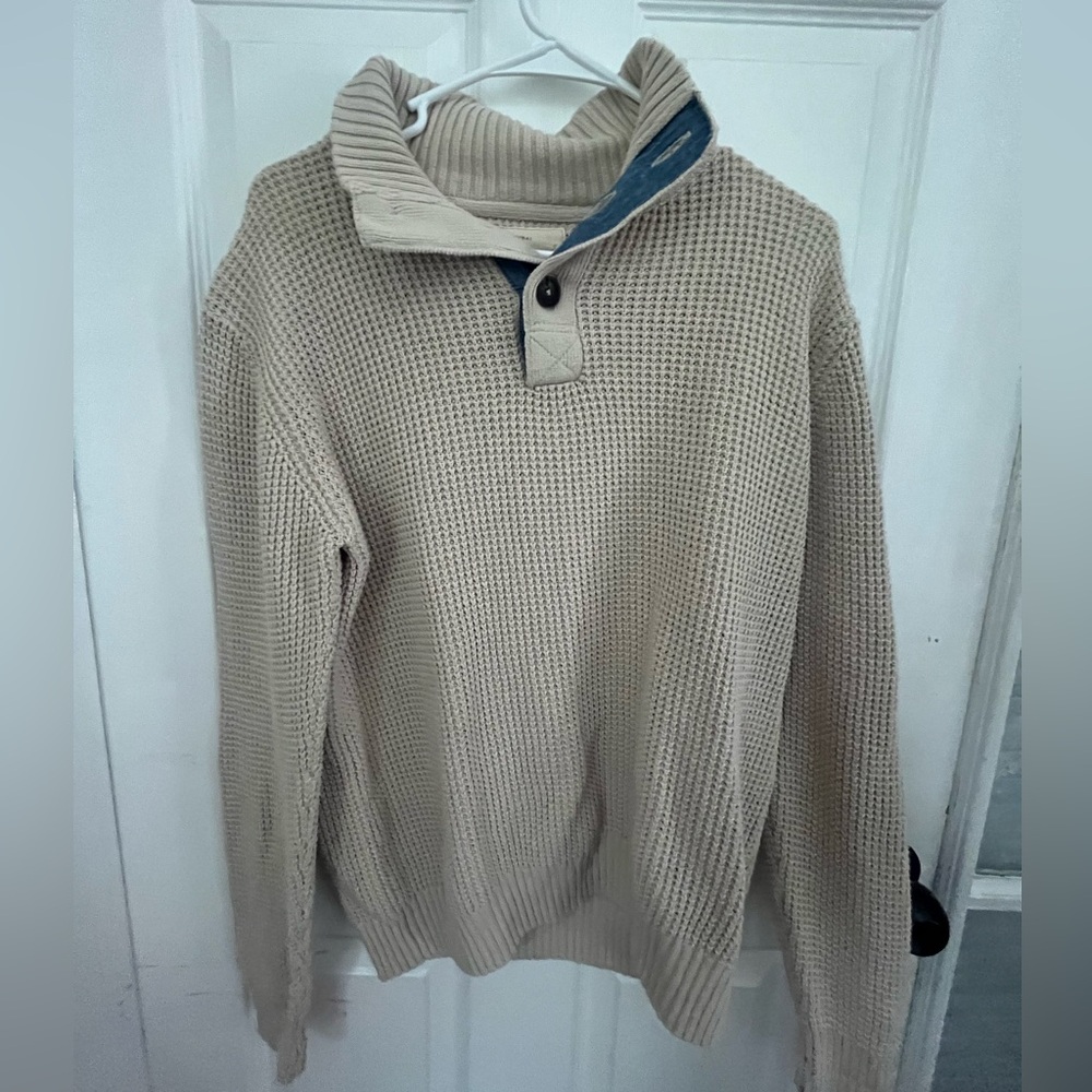 Weatherproof Vintage Men’s Beige Ribbed Mock Neck Quarter-Button Sweater Medium
